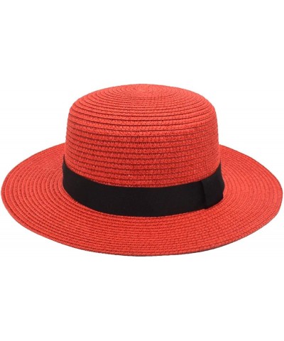 Mens and Womens Square Buckle Dome Panama Lafite Flat Top Straw Hat Summer Travel Cute Bucket Hats Men Red $10.16 Bucket Hats