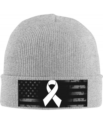 White Ribbon Lung Cancer Awareness Knit Hats Winter Warm Chunky Beanie Hat for Men Women Gray $11.00 Skullies & Beanies