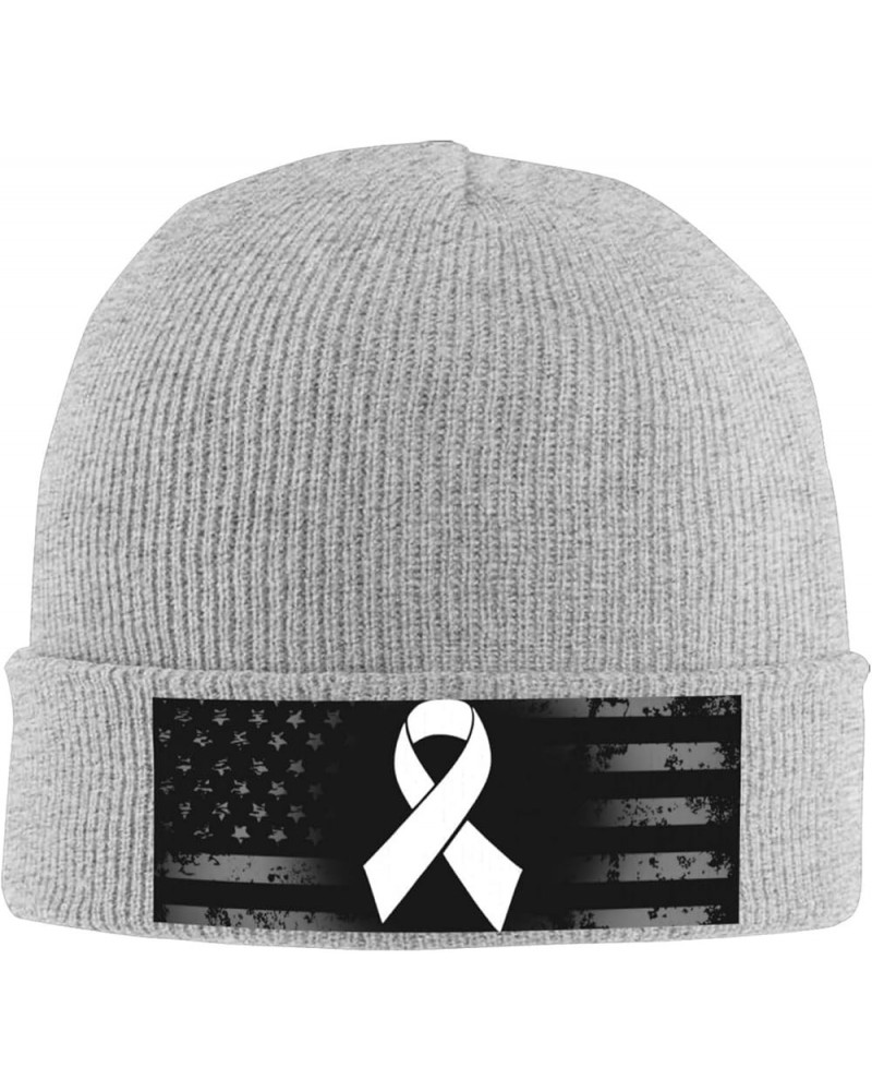 White Ribbon Lung Cancer Awareness Knit Hats Winter Warm Chunky Beanie Hat for Men Women Gray $11.00 Skullies & Beanies