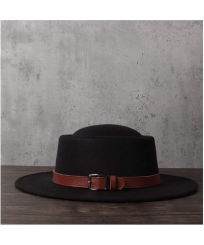 Retro Autumn Winter Pork Pie Hat Men Women Wool+polyestel Fashion Fedora Hat Leather with Belt Jazz Hat (Color : Khaki, Size ...