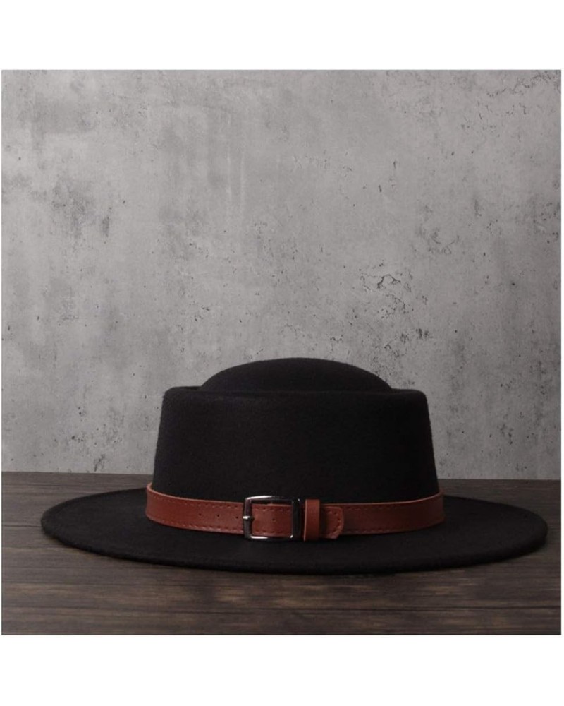 Retro Autumn Winter Pork Pie Hat Men Women Wool+polyestel Fashion Fedora Hat Leather with Belt Jazz Hat (Color : Khaki, Size ...