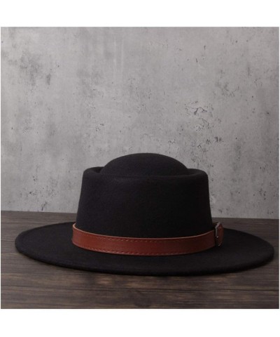 Retro Autumn Winter Pork Pie Hat Men Women Wool+polyestel Fashion Fedora Hat Leather with Belt Jazz Hat (Color : Khaki, Size ...