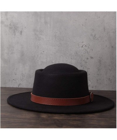 Retro Autumn Winter Pork Pie Hat Men Women Wool+polyestel Fashion Fedora Hat Leather with Belt Jazz Hat (Color : Khaki, Size ...