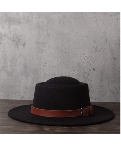 Retro Autumn Winter Pork Pie Hat Men Women Wool+polyestel Fashion Fedora Hat Leather with Belt Jazz Hat (Color : Khaki, Size ...