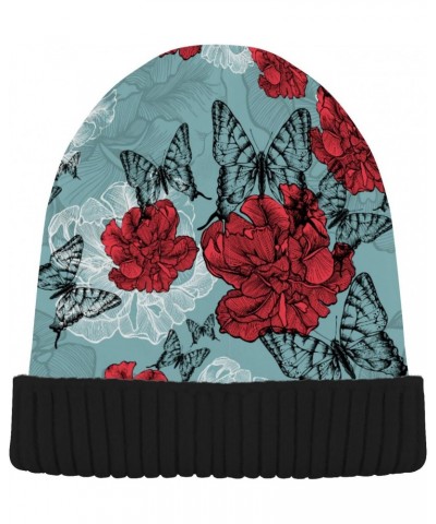 Tulips and Black Butterflies Beanie Hat for Men Women,Unisex Soft Warm Skull Knit Cap Winter Hat $12.75 Skullies & Beanies