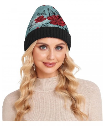 Tulips and Black Butterflies Beanie Hat for Men Women,Unisex Soft Warm Skull Knit Cap Winter Hat $12.75 Skullies & Beanies