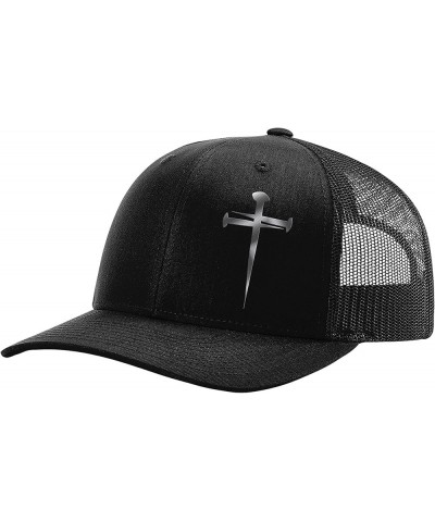 Men's Christian Faith Cross Nails Embroidered Mesh Back Trucker Hat Black/Black/Silver Nails $18.19 Baseball Caps