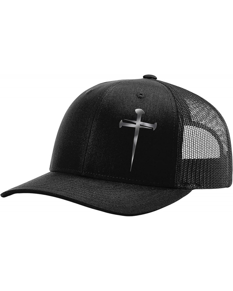 Men's Christian Faith Cross Nails Embroidered Mesh Back Trucker Hat Black/Black/Silver Nails $18.19 Baseball Caps