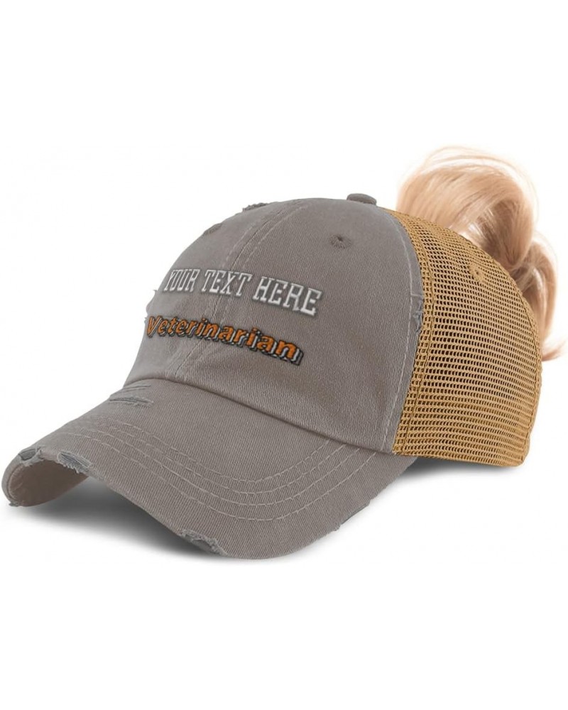 Custom Womens Ponytail Cap Veterinarian Medical Cotton Veterinary Distressed Trucker Hat Grey Tan Personalized Text Here $14....