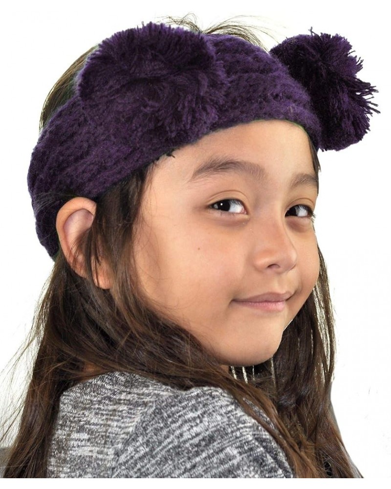 Children's Kids' Double Pom Cable Knit Fuzzy Lined Ear Warmer Headband Dark Purple $8.47 Cold Weather Headbands