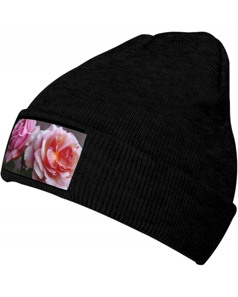 Knitted Hat Pretty Roses Print Beanie for Women Soft Warm Beanie Cap Casual Knit Hat Men Winter Beanies Black $11.03 Skullies...