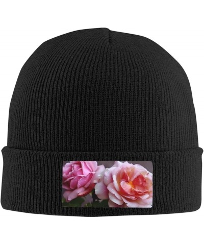 Knitted Hat Pretty Roses Print Beanie for Women Soft Warm Beanie Cap Casual Knit Hat Men Winter Beanies Black $11.03 Skullies...