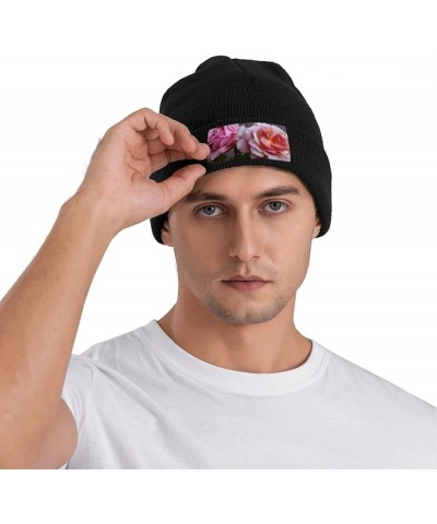 Knitted Hat Pretty Roses Print Beanie for Women Soft Warm Beanie Cap Casual Knit Hat Men Winter Beanies Black $11.03 Skullies...