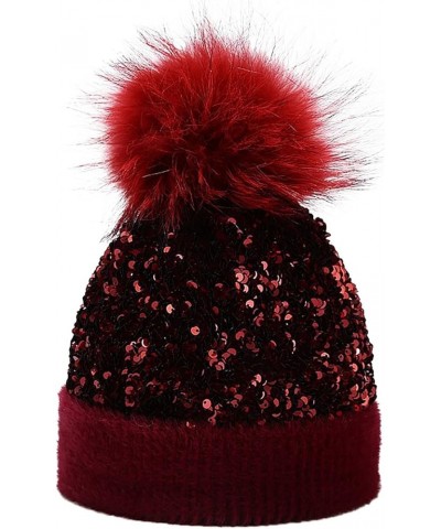 Women Outdoor Warm Knitted Hat Dyed Raccoon Ball Sequined Hat Ear Hat in Winter Men Trapper Winter Hat Rd2-b $15.24 Bomber Hats