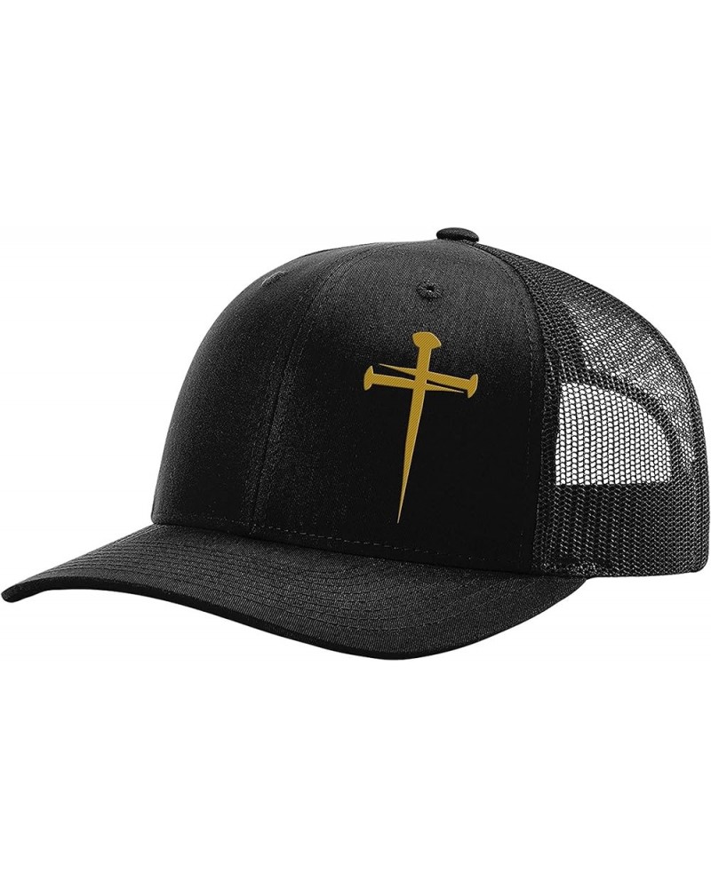 Men's Christian Faith Cross Nails Embroidered Mesh Back Trucker Hat Black/Black/Gold Nails $18.19 Baseball Caps