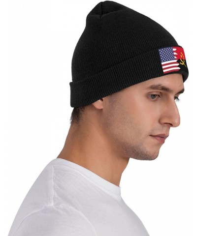 American Flag and Angolan Flag Knit Hats Winter Warm Chunky Beanie Hat for Men Women Black $15.34 Skullies & Beanies