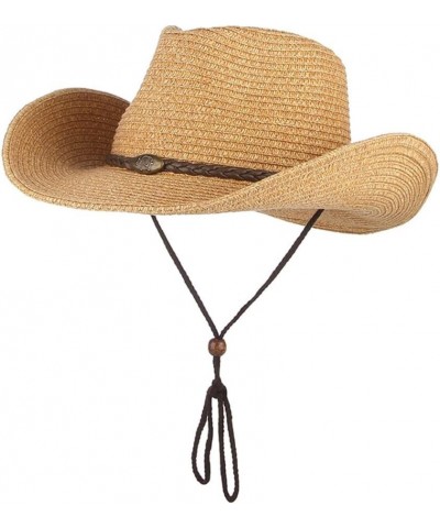 Women Mens Wide Brim Straw Hat Panama Bucket Hat Western Cowboy Sun Hat Lanyard Beach Hat Brown $14.01 Sun Hats