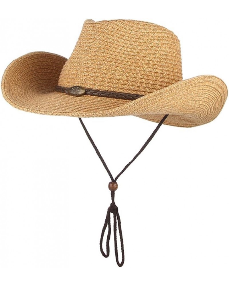 Women Mens Wide Brim Straw Hat Panama Bucket Hat Western Cowboy Sun Hat Lanyard Beach Hat Brown $14.01 Sun Hats