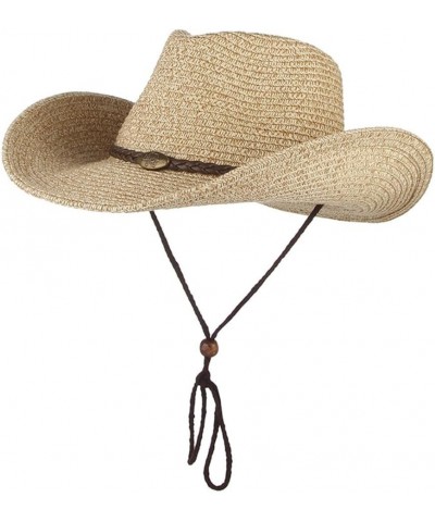 Women Mens Wide Brim Straw Hat Panama Bucket Hat Western Cowboy Sun Hat Lanyard Beach Hat Brown $14.01 Sun Hats