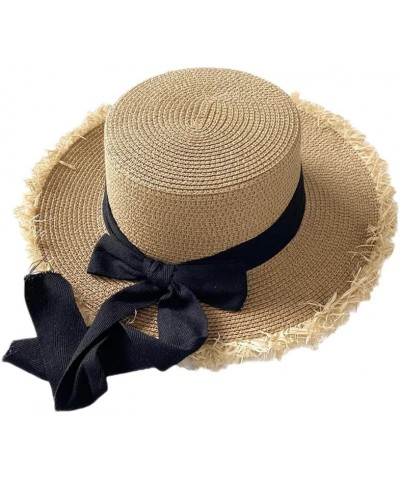 Women's Flat Top Straw Hat Casual Wide Brim Ribbon Beach Hat Outdoor Straw Hat Black $17.50 Sun Hats