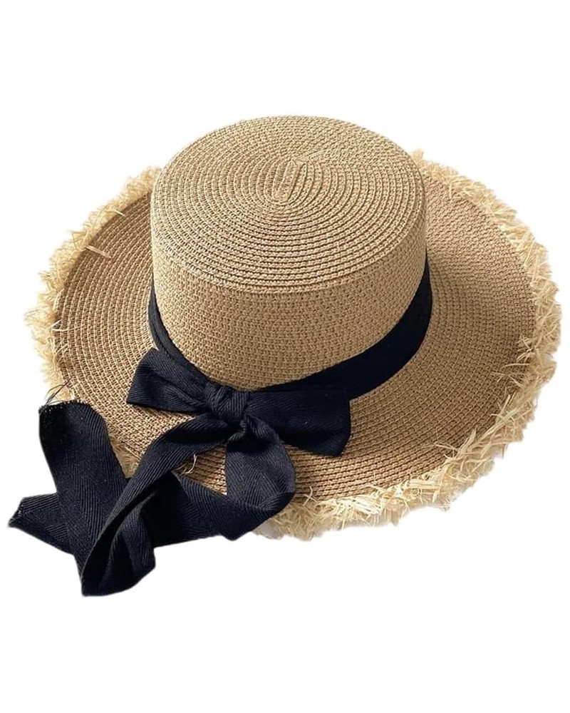 Women's Flat Top Straw Hat Casual Wide Brim Ribbon Beach Hat Outdoor Straw Hat Black $17.50 Sun Hats