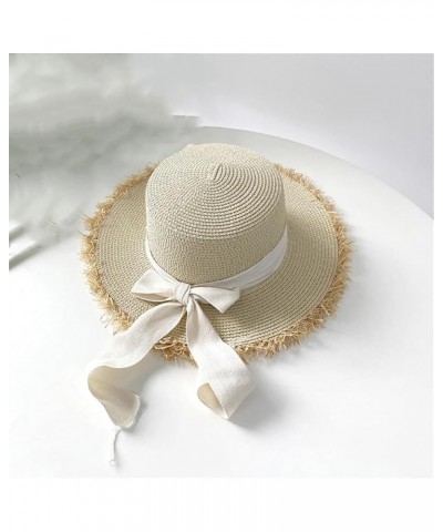 Women's Flat Top Straw Hat Casual Wide Brim Ribbon Beach Hat Outdoor Straw Hat Black $17.50 Sun Hats