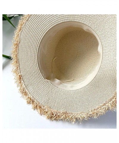 Women's Flat Top Straw Hat Casual Wide Brim Ribbon Beach Hat Outdoor Straw Hat Black $17.50 Sun Hats