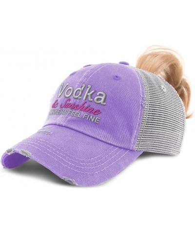 Womens Ponytail Cap Vodka & Sunshine Make Me Feel Fine Cotton Distressed Trucker Hats Lavender $13.92 Baseball Caps