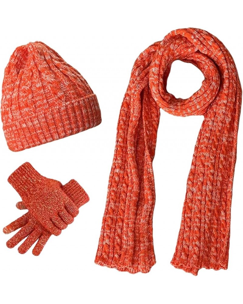 Women&Men Autumn Winter Warm Knit Hat Scarf Gloves Slouchy Three Pieces Winter Snow Knit Cap Scarf Gloves Hat Set Orange $16....