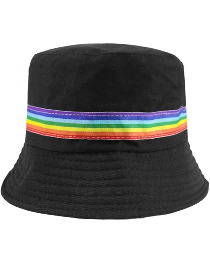 Summer Bucket Hat Rainbow Stripe Embroidered Fisherman Hat Black Unisex Sun Cap UV Protection Beach Boonie for Women Men Blac...