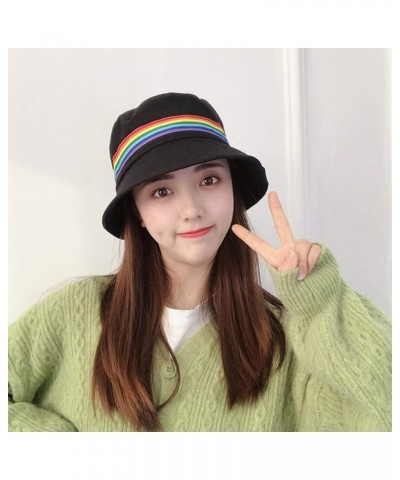 Summer Bucket Hat Rainbow Stripe Embroidered Fisherman Hat Black Unisex Sun Cap UV Protection Beach Boonie for Women Men Blac...