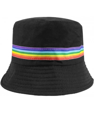 Summer Bucket Hat Rainbow Stripe Embroidered Fisherman Hat Black Unisex Sun Cap UV Protection Beach Boonie for Women Men Blac...