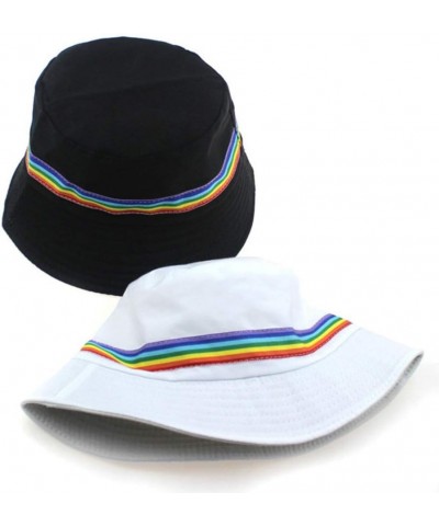 Summer Bucket Hat Rainbow Stripe Embroidered Fisherman Hat Black Unisex Sun Cap UV Protection Beach Boonie for Women Men Blac...