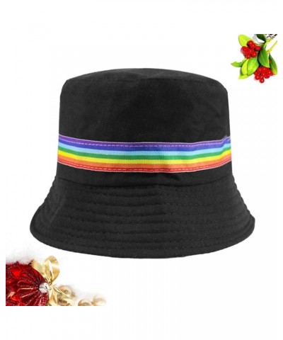 Summer Bucket Hat Rainbow Stripe Embroidered Fisherman Hat Black Unisex Sun Cap UV Protection Beach Boonie for Women Men Blac...