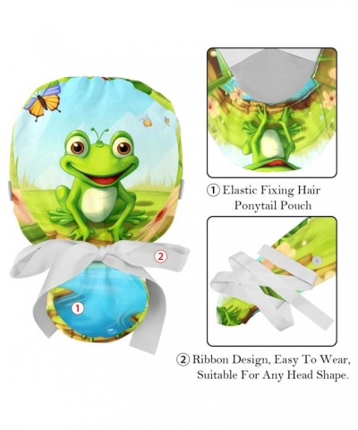 Adjustable Surgical Caps with Button, 2 Psc Scrub Caps Ponytail Holder Working Caps for Women Long Hair, Funny Frog Cartoon $...