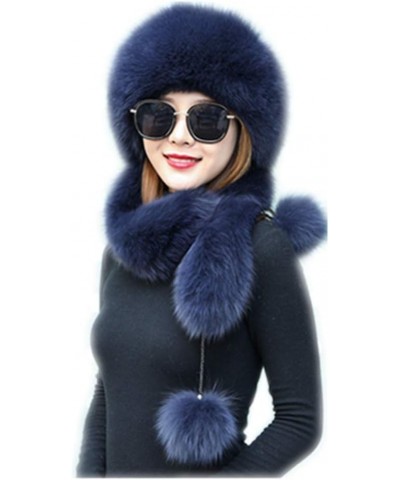 Women Winter Real Fur Cap Fox Fur Genuine Leather Hats Scarf Ear Protector Multicolor Grey Blue $38.64 Visors