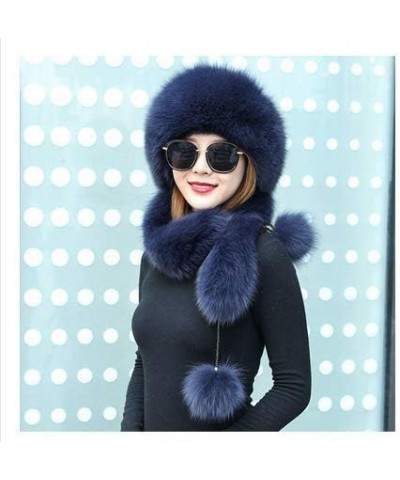 Women Winter Real Fur Cap Fox Fur Genuine Leather Hats Scarf Ear Protector Multicolor Grey Blue $38.64 Visors