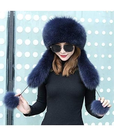 Women Winter Real Fur Cap Fox Fur Genuine Leather Hats Scarf Ear Protector Multicolor Grey Blue $38.64 Visors