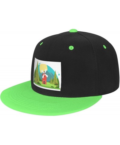 Cartoon Windmill Landscape Map Baseball Cap for Men Women Snapback Hat Adjustable Flat Bill Hats Green $14.09 Baseball Caps