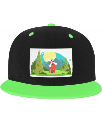 Cartoon Windmill Landscape Map Baseball Cap for Men Women Snapback Hat Adjustable Flat Bill Hats Green $14.09 Baseball Caps