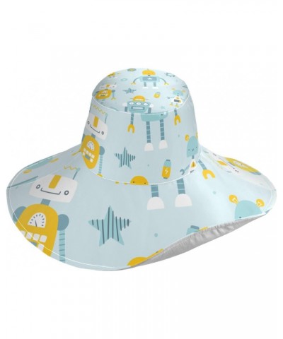 Womens Sun Visors Hat Cute Robots Pattern on Blue Wide Brim Foldable Summer Hat $9.24 Sun Hats