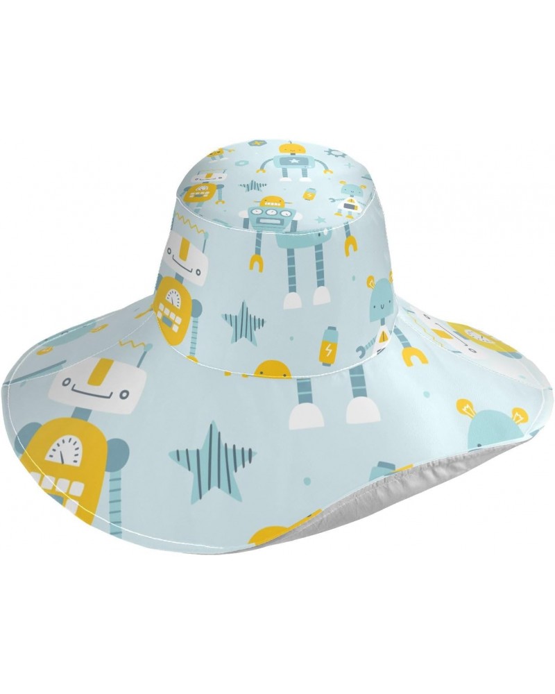 Womens Sun Visors Hat Cute Robots Pattern on Blue Wide Brim Foldable Summer Hat $9.24 Sun Hats