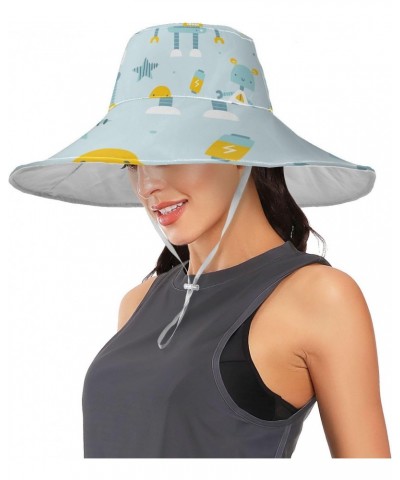 Womens Sun Visors Hat Cute Robots Pattern on Blue Wide Brim Foldable Summer Hat $9.24 Sun Hats