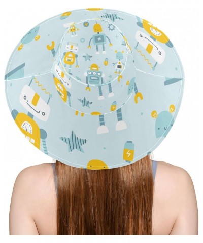 Womens Sun Visors Hat Cute Robots Pattern on Blue Wide Brim Foldable Summer Hat $9.24 Sun Hats