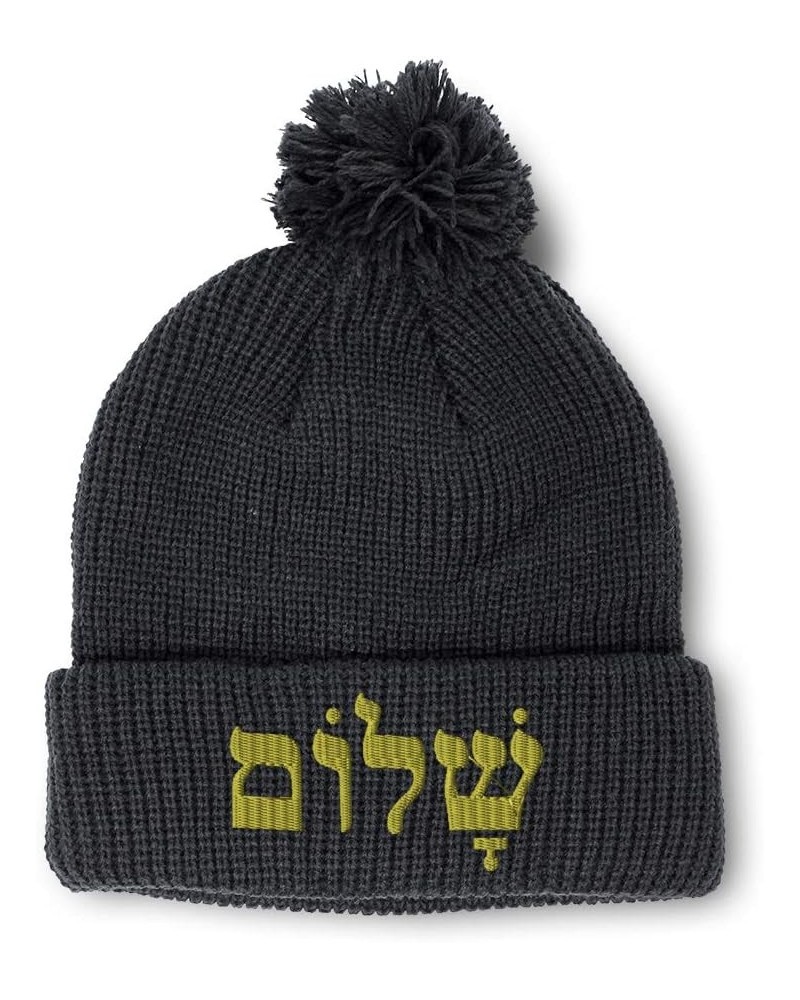 Custom Pom Pom Beanies for Women Shalom in Hebrew Gold Embroidery Skull Cap Winter Hats for Men 1 Size Black Design Only $13....