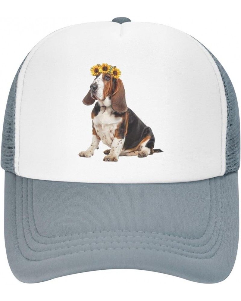 Basset Hound Dog wear Sunflower Mesh Baseball Cap, Floral Adjustable Trucker Hat Snapback Sun Hats for Men Women Gray $12.19 ...