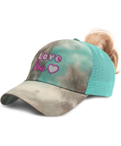 Womens Ponytail Cap Love You Cotton Distressed Trucker Hats Tie Dye Aqua $15.95 Baseball Caps