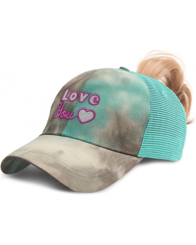 Womens Ponytail Cap Love You Cotton Distressed Trucker Hats Tie Dye Aqua $15.95 Baseball Caps