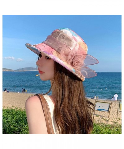 Trendy Womens Sun Hats Breathable Summer 2023 Flower Derdy Party Sun Protection Foldable Wide Brimmed Fashionable Pink $11.59...