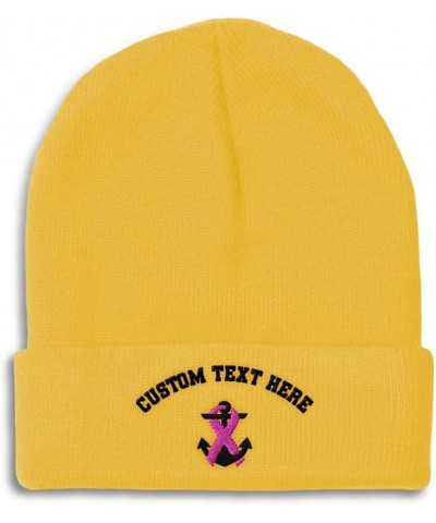 Custom Beanies for Men Breast Cancer Ribbon & Anchor Embroidery Winter Hats for Women Skull Cap 1 Size Yellow Personalized Te...